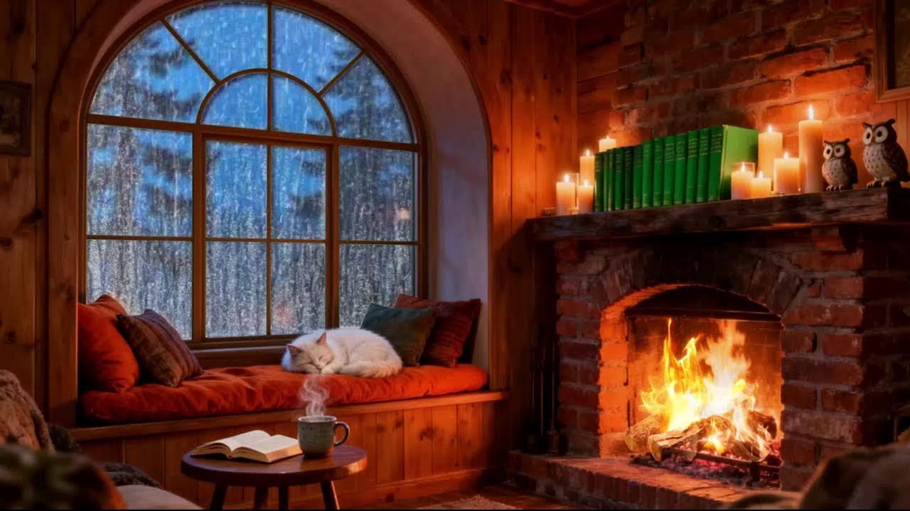 Stormy Night Cozy Cabin Ambience with Relaxing Rain and Fireplace Sounds for Sleeping and Reading