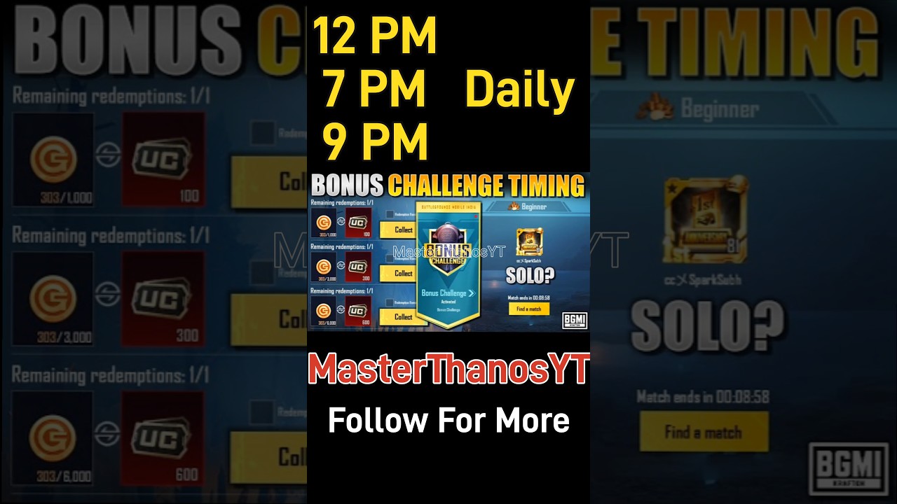 Free UC in BGMI - Bonus Challenge timings - how earn Bonus Challenge coin - how redeem UC bonus chal