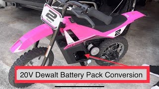 Making Razor MX125 electric kids motorcycle Faster DIY Dewalt 20V drill lithium Battery Pack upgrade