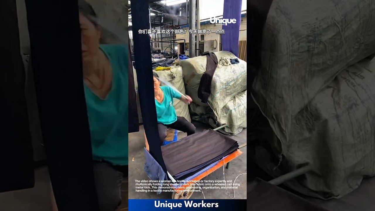 Textile Manufacturing: Woman Folding Dark Blue Fabric on Cart