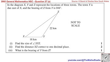 2002 General Maths HSC Q27a Find direction bearing & distance between towns using cosine rule