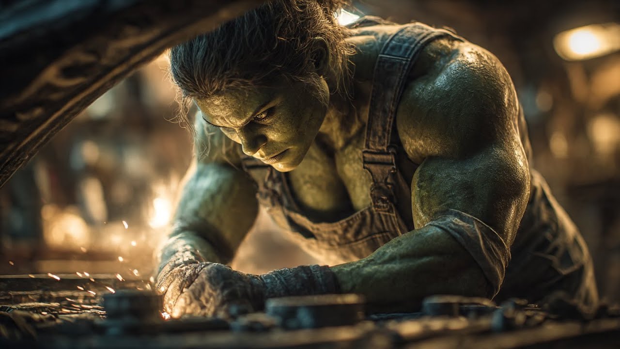 “She-Hulk Workshop Transformation: Muscle Growth in the Garage!”