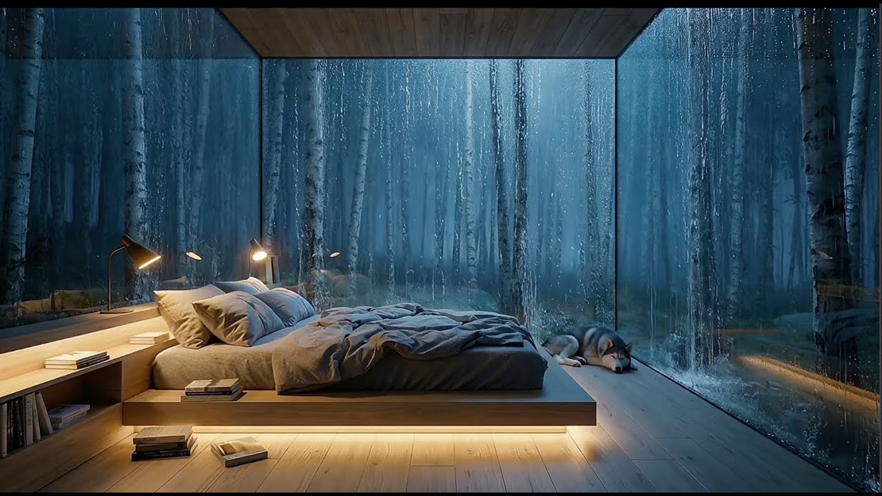 Heavy Rain on Glass Cube Bedroom — Deep Nordic Forest Ambience for Sleep | Sleeping Husky