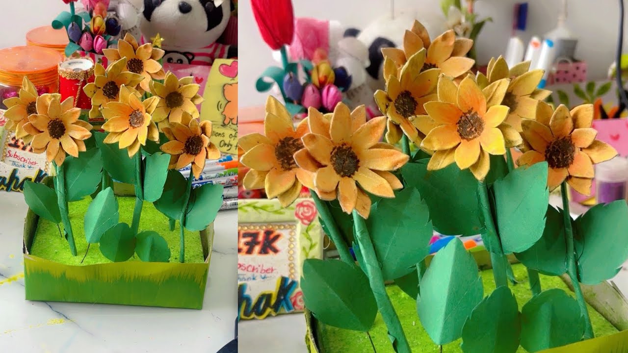 Egg box used sunflower so beautiful and very cute idea flowers making best flowers making