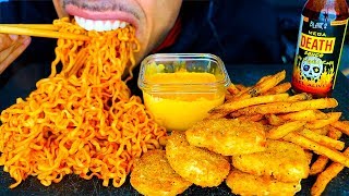 ASMR MEGA DEATH SAUCE NOODLES CHICKEN NUGGETS CAJUN FRIES WITH CHEESE JERRY EATING NO TALKING