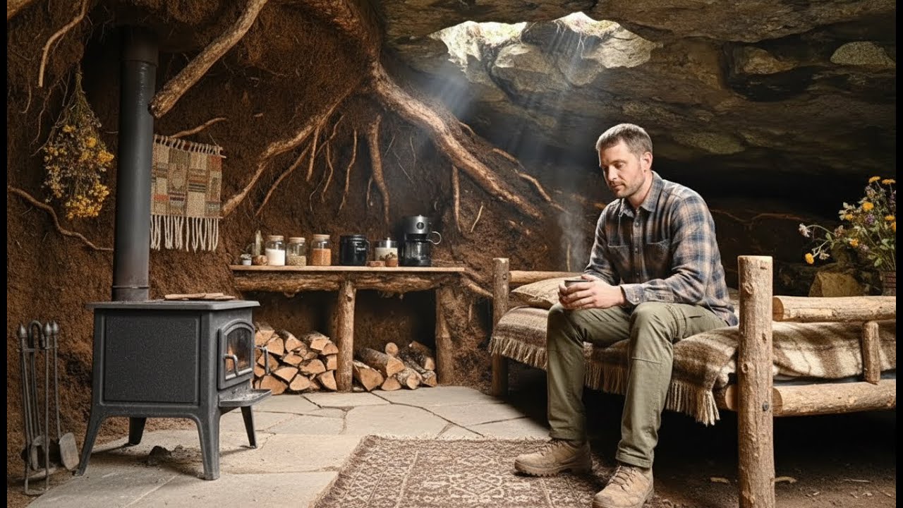 This Man Secretly Built a Survival Cabin Under a Forest Rock (No One Knew) | ASMR