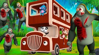 Zombie Gorilla Chase Double Decker Wooden Bus - Farm Animals Diorama Elephant Panda Monkey Cartoons