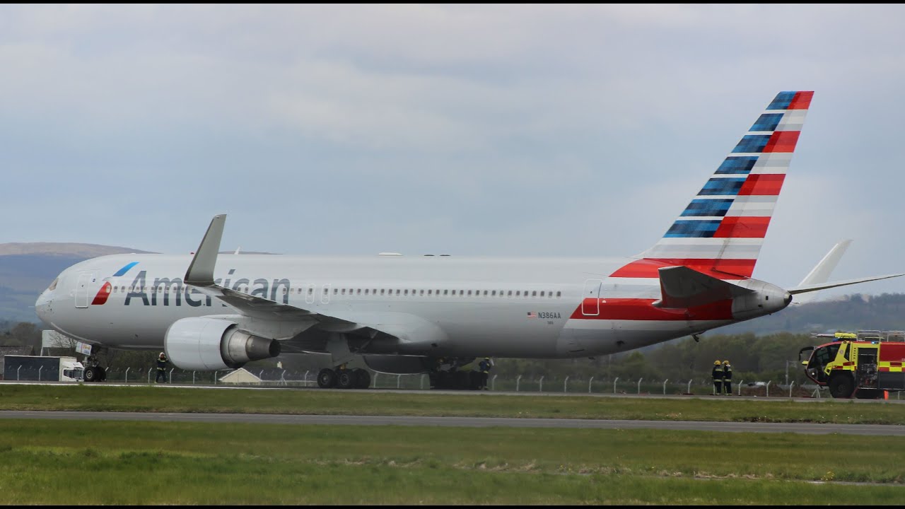 Hard & Loud Emergency Landing by American Airlines Boeing 767-300ER at Glasgow Airport