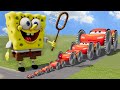 Big  small lightning mcqueen with saw wheels vs spongebob makes obstacle courses  beamngdrive