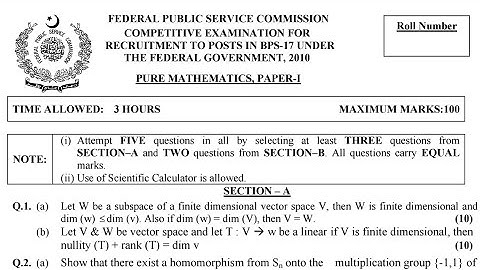 CSS PAST PAPERS - 2010 - PURE MATHEMATICS - PAPER 1 - OPTIONALLY SUBJECT  (GROUP 2)