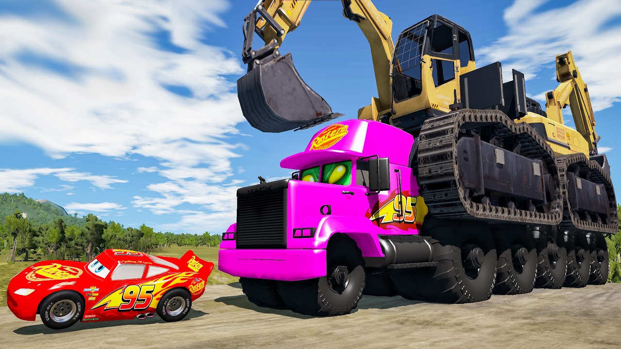 Giant CRUSHER DOZER Mack Truck Eater VS Cars Lightning McQueen Escape Monster Beamng Drive