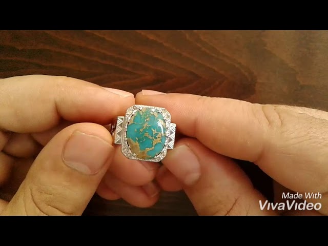 Natural Persian Turquoise, Diamonds halo Sterling Silver Men's Ring, Handmade