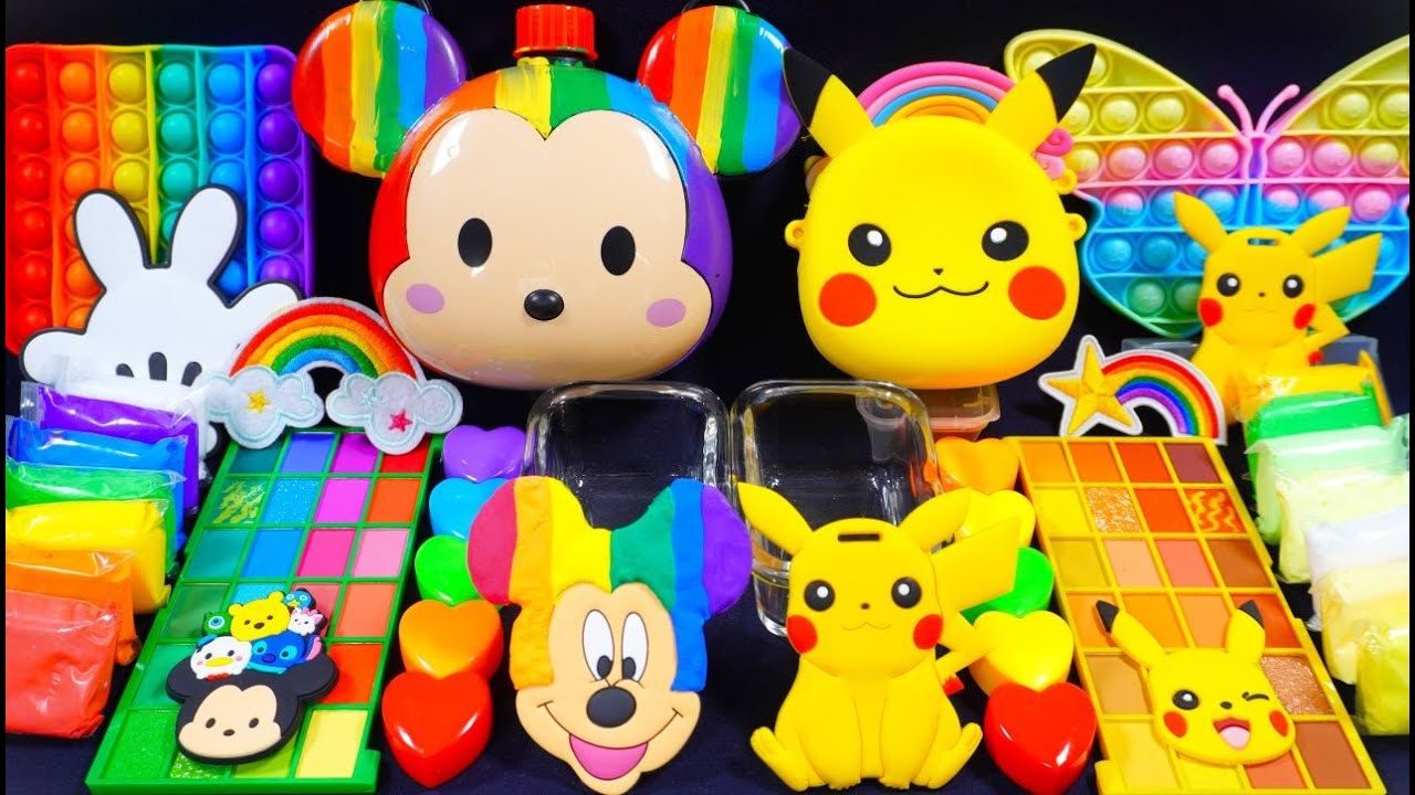 🌈ASMR🌈 Mixing "Mickey Mouse VS Pikachu" MakeUp Eyeshadow,Glitter Into Clear Slime 