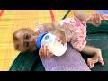 Wow!! Smart little baby LIORA sleeps and drinks milk On The Swing after waking up