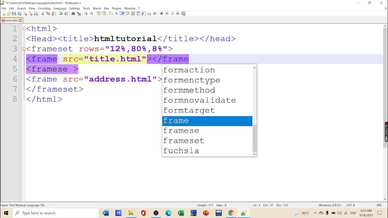 FRAMESET and FRAME tags in HTML with different attributes to create ...