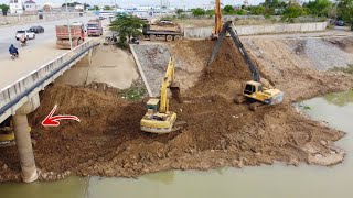 Nice Job !!Excavator Loading Dump Trucks Restore Canal And Clearing Land At Below the bridge