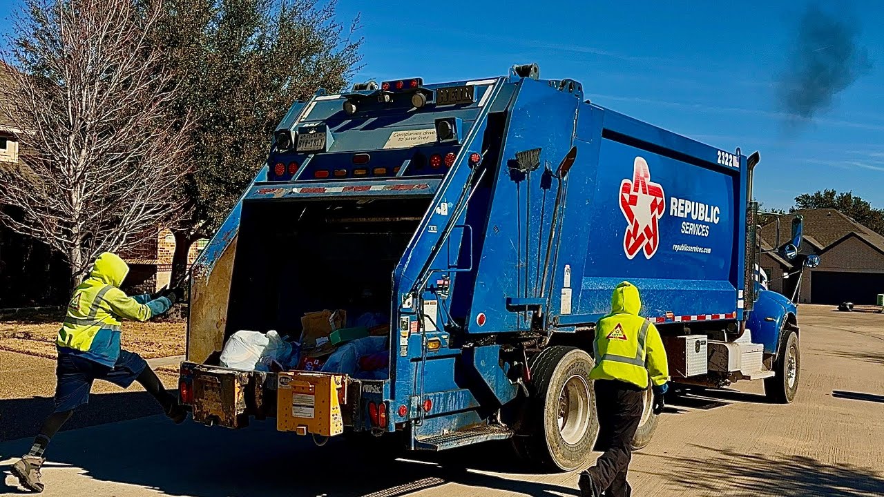 Republic Services Pete Heil 5000 Rear Loader Garbage Truck Packing Post Storm Trash & Rolling Coal