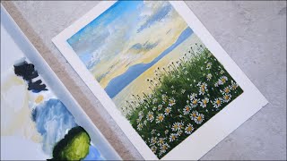 🌼Vẽ cùng mình| Mây trời và hoa cúc trắng - Himi Gouache - Real Time