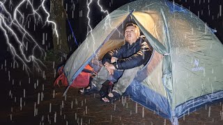 SOLO CAMPING IN HEAVY RAIN AND THUNDERSTORM  RELAXING CAMPING RAIN - ASMR