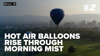 Hot air balloons rising through the morning mist in Boise