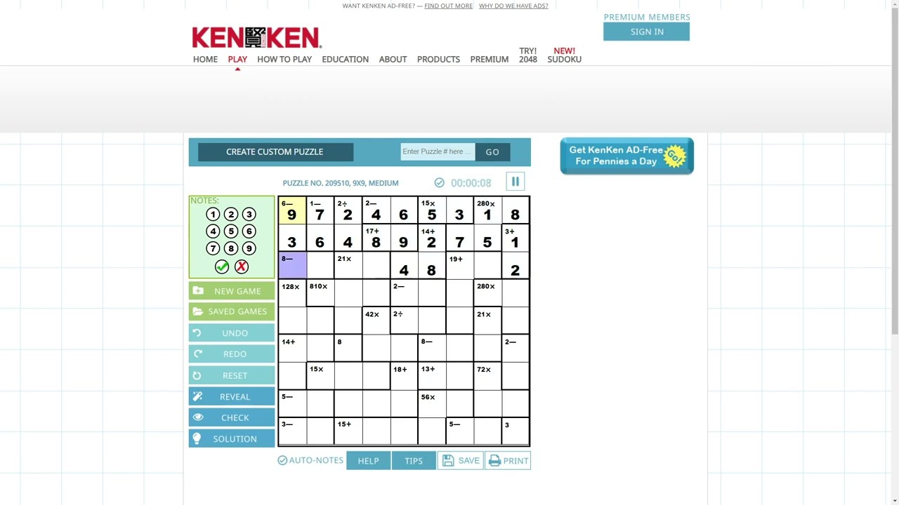Solve Daily KenKen Puzzle 9x9 