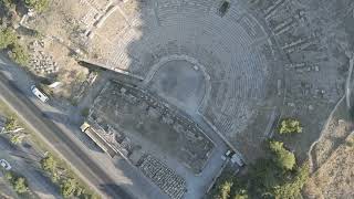 D-Log M. Bodrum, Turkey. Aerial perspective of antique performance venue on hillside. Ancient Bod...