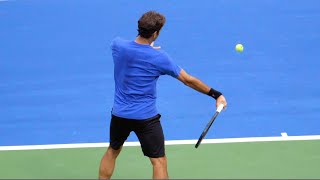 Roger Federer Forehand Slow Motion Court Level View - ATP Modern Tennis Forehand Technique