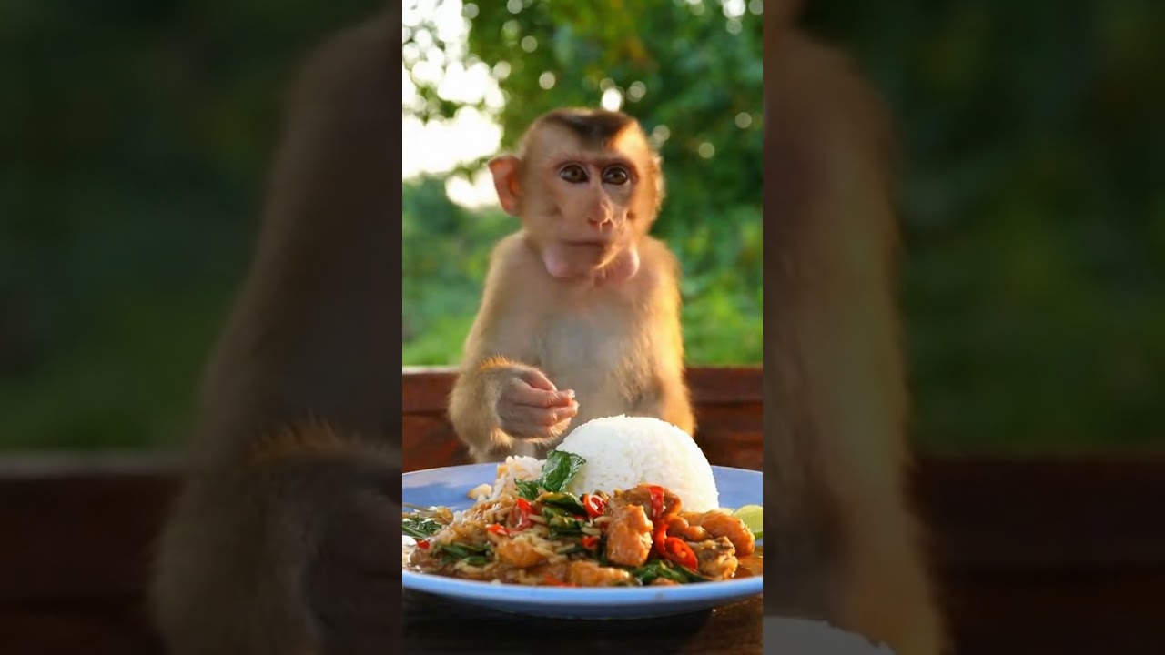 Monkey sitting and eating 