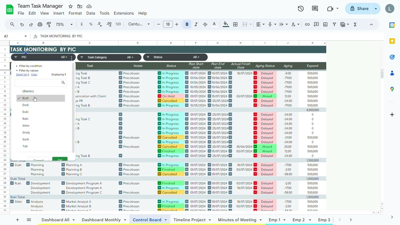Team Task Manager - Google Sheets - Lapak Template