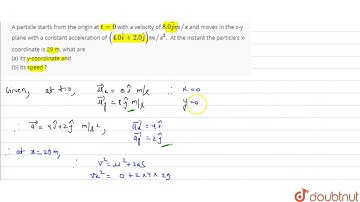 A particle starts from the origin at `t= 0` with a velocity of `8.0 hat j m//s` and moves in the...