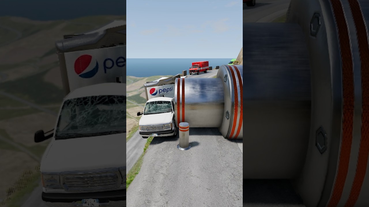 Столкновение автомобиля и машины скорой помощи с гигантскими ямными столбиками - BeamNG.Drive