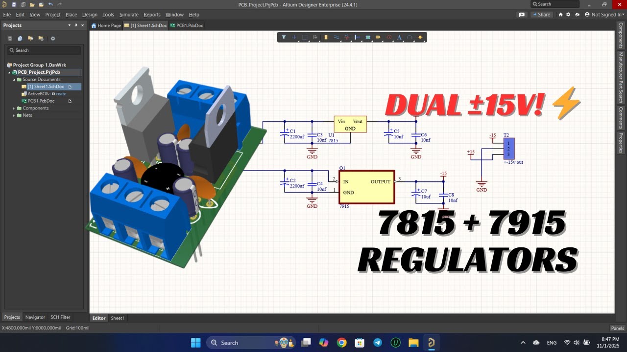 Dual ±15V Power Supply with Voltage Regulators | Schematic + PCB Design in Altium Designer