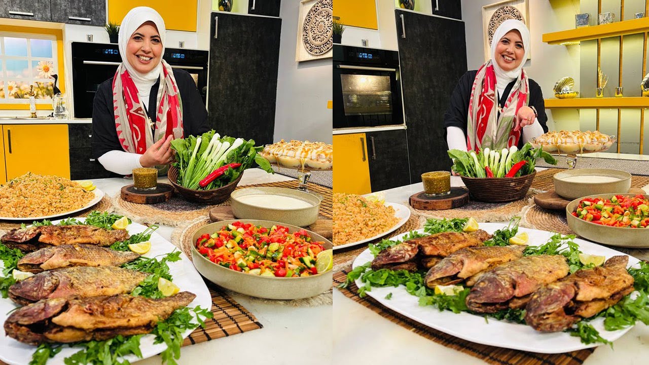 العزومة مع الشيف فاطمة أبو حاتي | أرز السمك الأحمر - بلطي مقلي - كيك السينابون