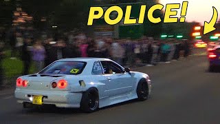 Sneaky POLICE Car Hides At Exit Of Reading Japanese Meet! - Modified Cars Leaving a Car Meet!