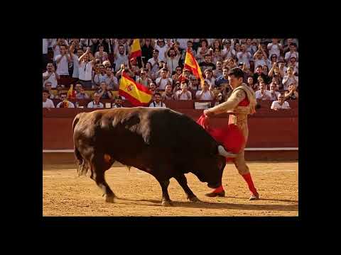 گاوبازی سینمایی در اسپانیا گاو خشمگین حمله می کند و ماتادور با شنل قرمزی پیروز می شود
