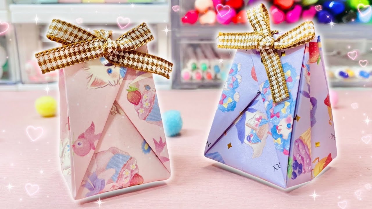 【折り紙】おしゃれなラッピング袋の作り方💕リボンの付いた三角ラッピング🎀