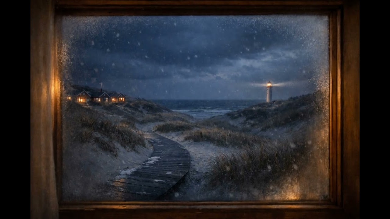 North sea winter view (fireplace, wind, waves)