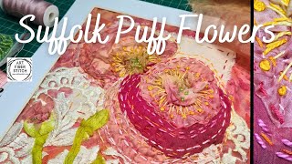 Slow stitch Textile art embroidery from Suffolk Puffs or Yo-Yo Flowers.  #craft #art #fabricart