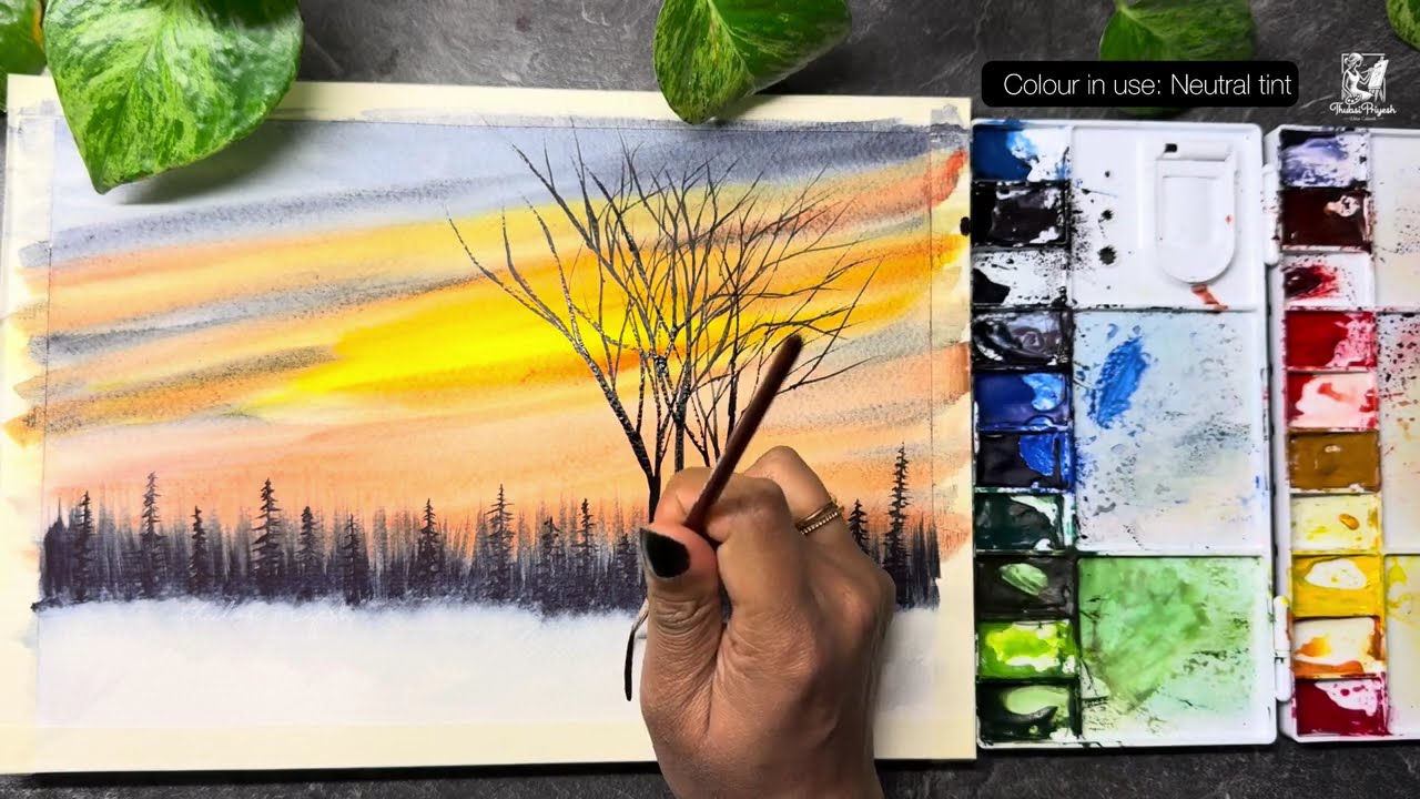 Winter Sunset Watercolor | Calm Snowy Forest Painting