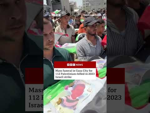 Mass funeral in Gaza for 112 Palestinians killed in <strong>2023</strong> Israeli strike. #BBCNews