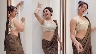 Metallic Brown Satin Saree With Sliver Mirror Work Blouse Low Hip Saree D Style