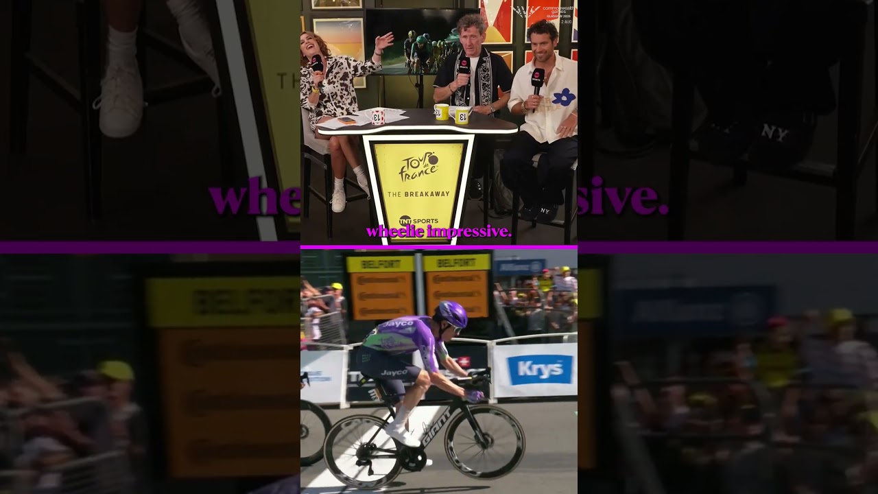 "Wheelie impressive" 😆 Adam Blythe was loving Mauro Schmid's celebration at the Tour! 🔥