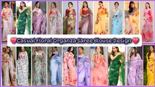 Simple Organza Printed Saree Blouse Designs Floral Organza Saree Collection Farewell Saree
