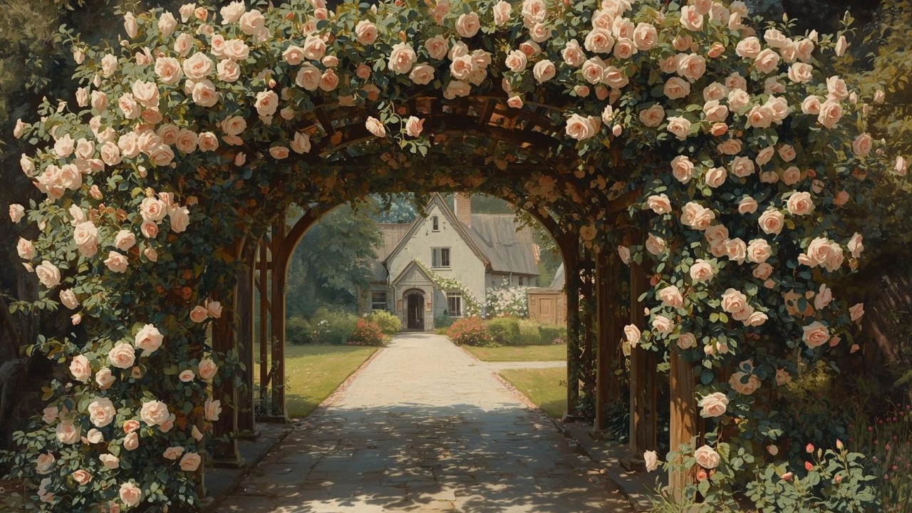 Rose Arbor English Garden Cottage Vintage Painting | Frame TV Art | 2-Hour Screensaver