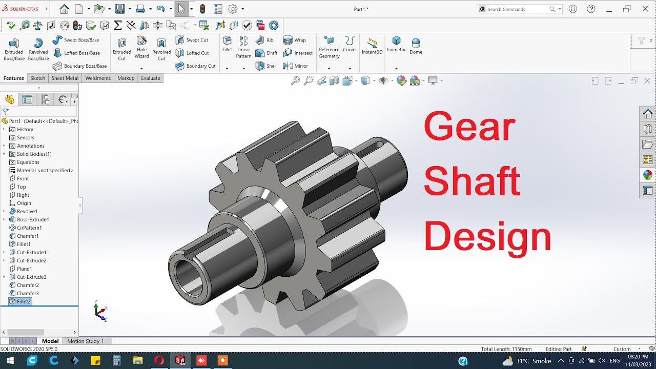 Solidworks Tutorial How to make spur gear shaft design. YouTube