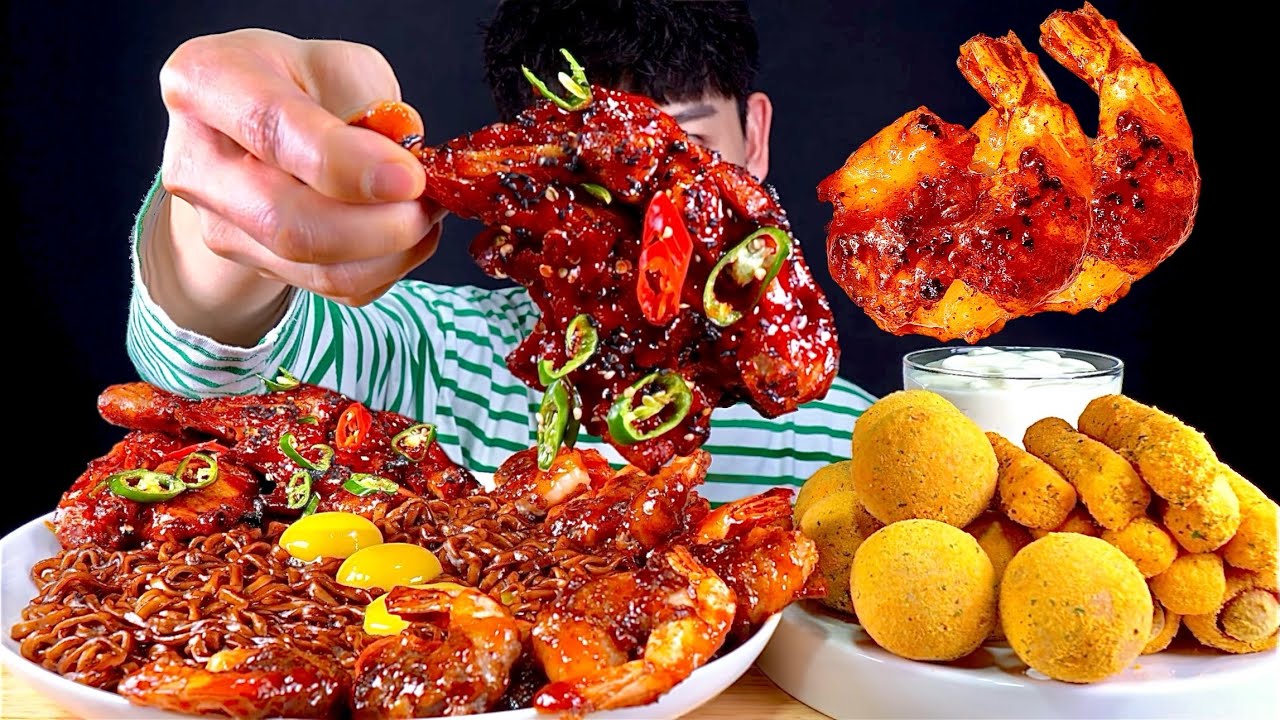 ASMR 짜라짜라 짜왕면 고추장직화구이 차돌말이새우 뿌링핫도그 먹방~! Black Bean Noodles With Spicy Chicken Cheese Stick MuKBang~!