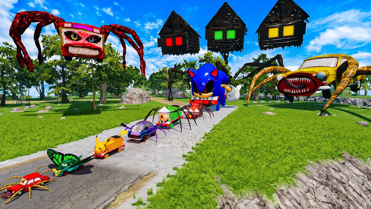 ALL MONSTERS Big & Small Cars vs Downhill Madness with 3X HOUSE HEAD & CAR EATER  BeamNG.Drive