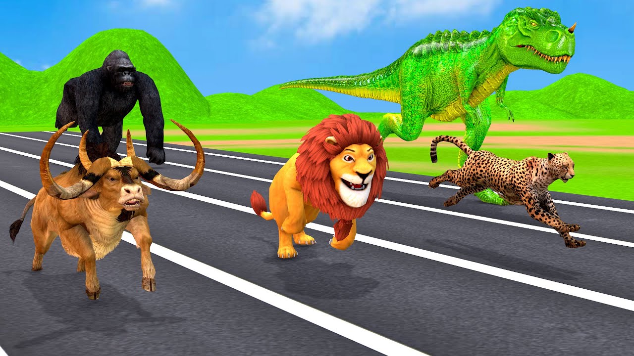 Forest Animals Running Race with Cow, Elephant, Dinosaur, Gorilla, Bull ...