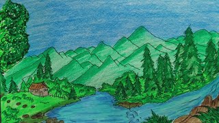 Cara menggambar pemandangan air terjun dan pegunungan