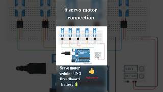 5 servo motor connection, breadboard, servo, arduino, battery, #project #music @HarishProjects